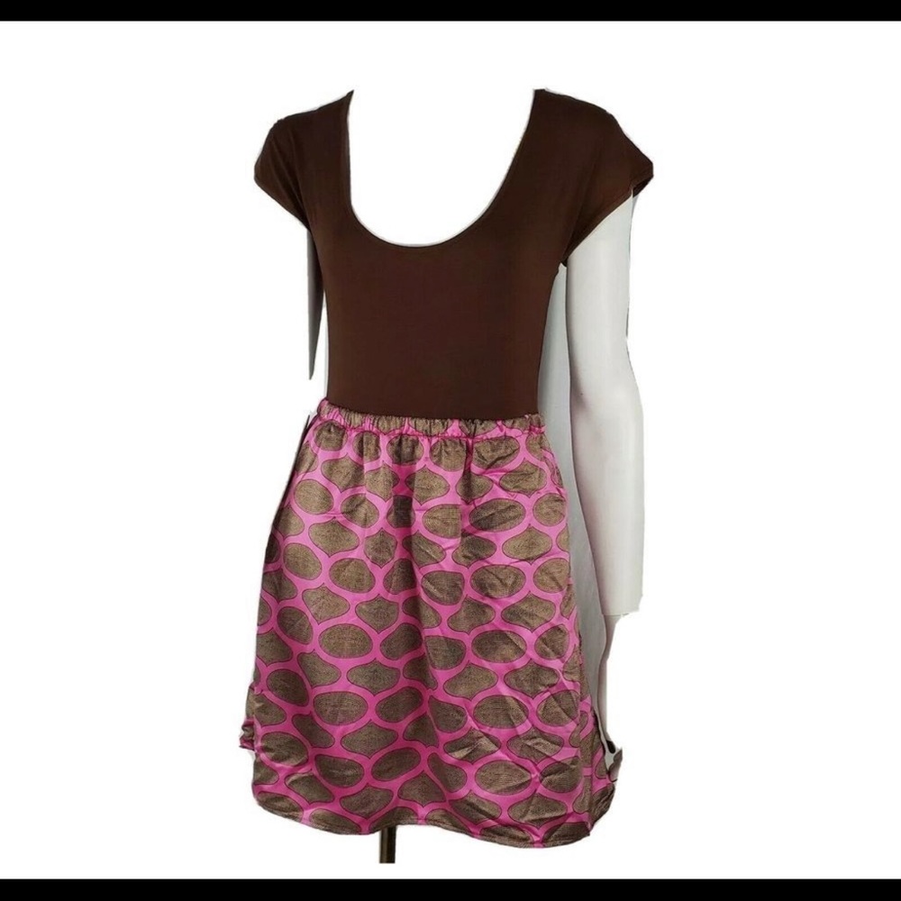 Judith March Mini Dress Tie Neck Open Back Brown & Pink